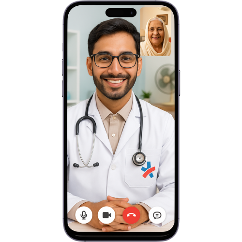 Patient having a video consultation with a doctor on a smartphone